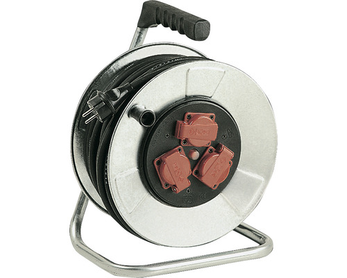 Prelungitor electric pe tambur metalic 3 prize 33m cablu cauciuc 3x2,5 mm², pentru exterior IP44