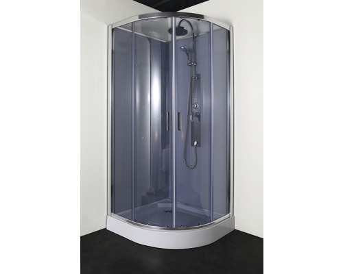 Cabină de duș completă cu hidromasaj Sanotechnik Samba PC 90 90x90x205 cm, semirotundă, sticlă securizată fumurie, profil crom