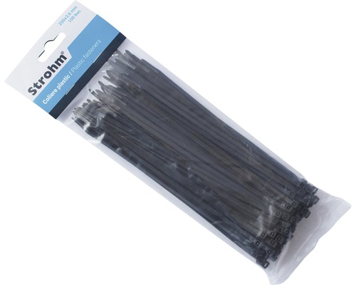 Coliere rapide din plastic Strohm 3,6x200 mm, pachet 100 bucăți, negru