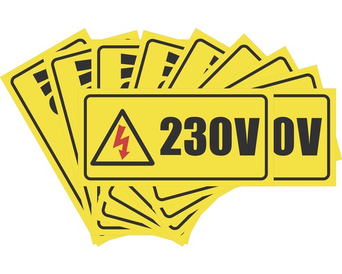 Indicatoare avertizare „Tensiune 230V”, pentru curent electric monofazic 220V, pachet 10 bucăți