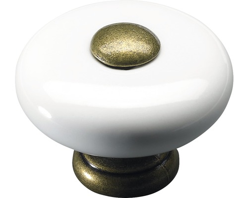 Buton pentru mobilă Hettich Country Ø32mm, ceramică albă/zamac nuanță alamă brunată
