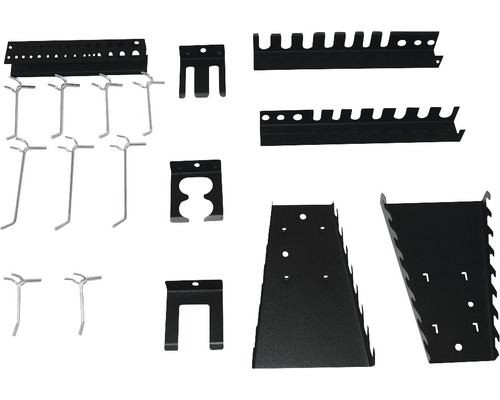 Set cârlige & suport unelte pentru panou perforat, 17 piese, pentru cod 8910137