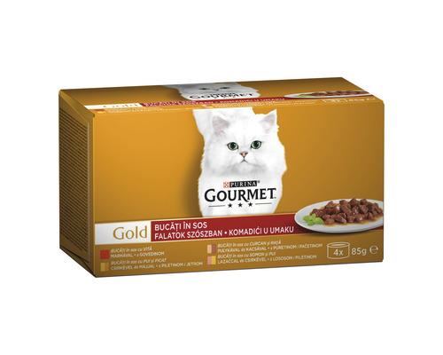 Hrană umedă pentru pisici PURINA Gourmet Gold cu vită/curcan și rață/somon și pui/pui și ficat în sos 4x85 g