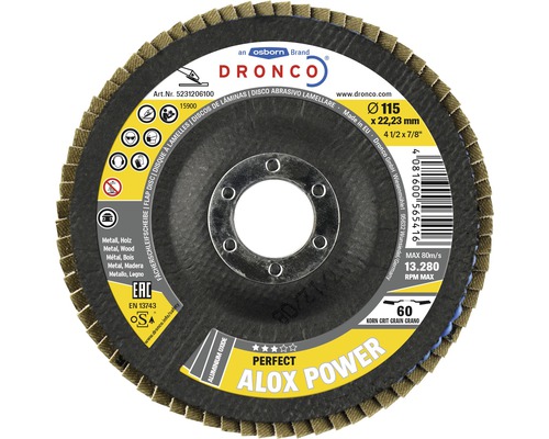 Disc lamelar pentru șlefuit Dronco Alox Power Ø115x22,23 mm, granulație 60