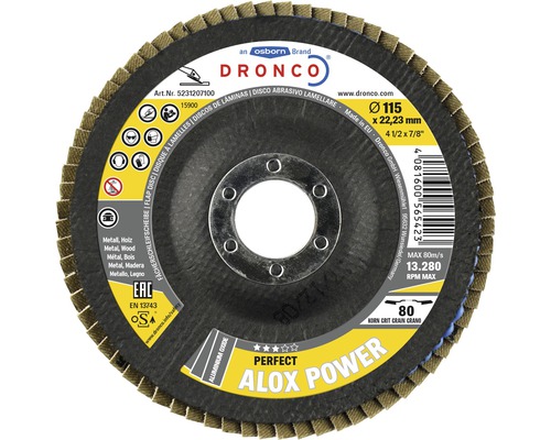 Disc lamelar pentru șlefuit Dronco Alox Power Ø115x22,23 mm, granulație 80