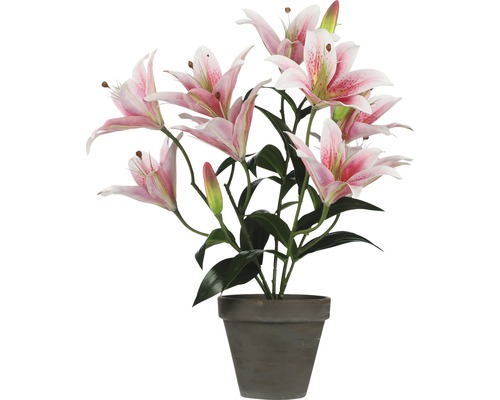 Plantă artificială - Crin Tiger, Ø 13,5 cm, H 47 cm, roz, ghiveci gri-0