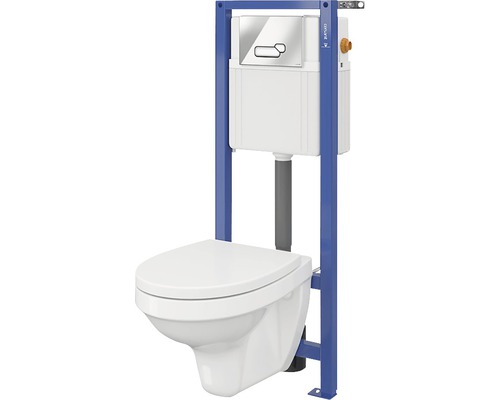 Set WC încastrabil cu vas WC alb, capac WC și clapetă WC crom