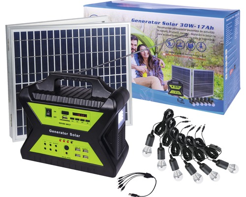 Set generator de curent cu panou solar 30W, acumulator 12V 17Ah, incl. 6 becuri LED, lanternă, 4xUSB, radio & mp3 player, cod 115-107