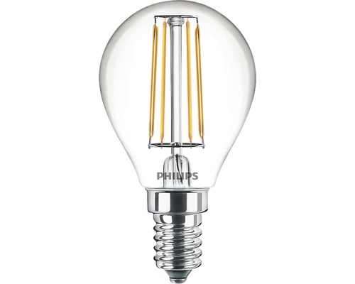 Bec LED Philips E14 4,3W 470 lumeni, glob clar G45, lumină caldă-0