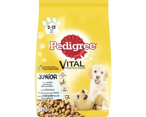 Hrană uscată pentru câini Pedigree Junior cu pui și orez 500 g