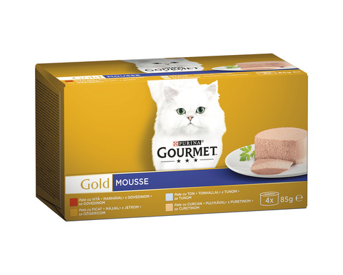 Hrană umedă pentru pisici PURINA Gourmet Gold Mousse cu vită/curcan/ficat/ton 4x85 g-0