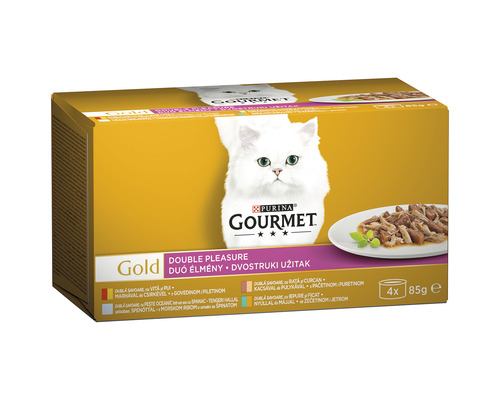 Hrană umedă pentru pisici PURINA Gourmet Gold Double Pleasure cu vită și pui/rață și curcan/pește oceanic și spanac/iepure și ficat în sos 4x85 g