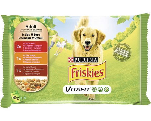 Hrană umedă pentru câini PURINA Friskies Adult cu pui, vită si miel în sos 4x100 g