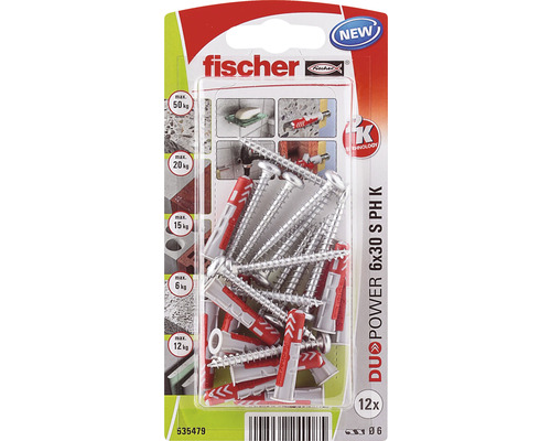 Dibluri plastic cu șurub Fischer DuoPower 6x30 mm, cap bombat, pachet 12 bucăți-0