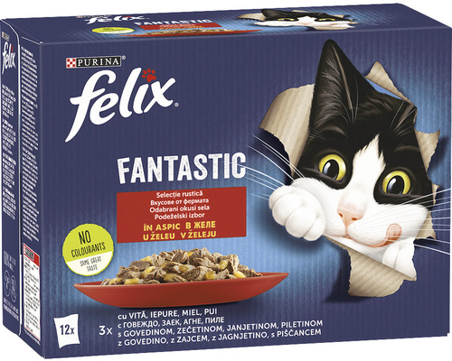 Hrană umedă pentru pisici PURINA Felix Fantastic cu pui/vită/iepure/miel în aspic 12x85g