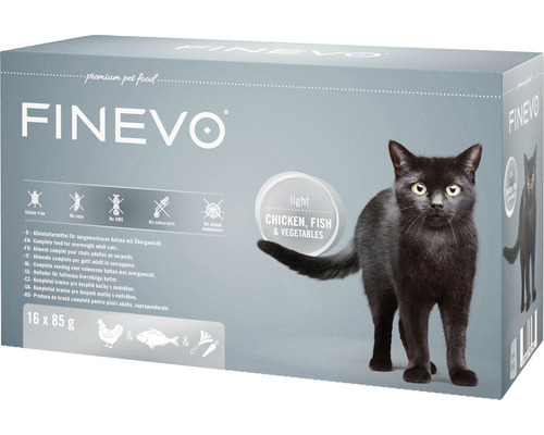 Hrană umedă pentru pisici FINEVO Light Cat cu pui, pește și legume 16x85 g