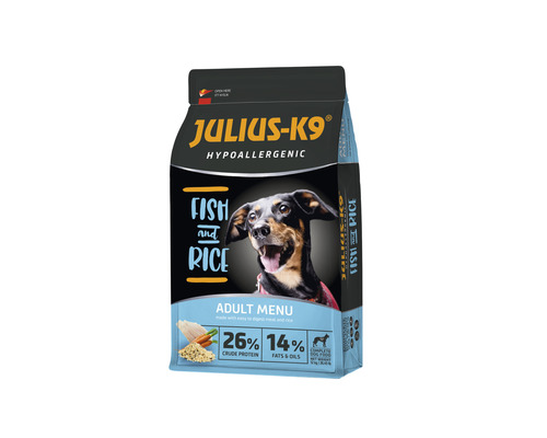 Hrană uscată pentru câini JULIUS-K9 Adult Hypoallergenic cu pește și orez 3 kg