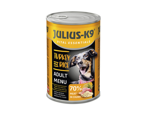 Hrană umedă pentru câini JULIUS-K9 Adult Vital Essentials cu curcan și orez 1240 g