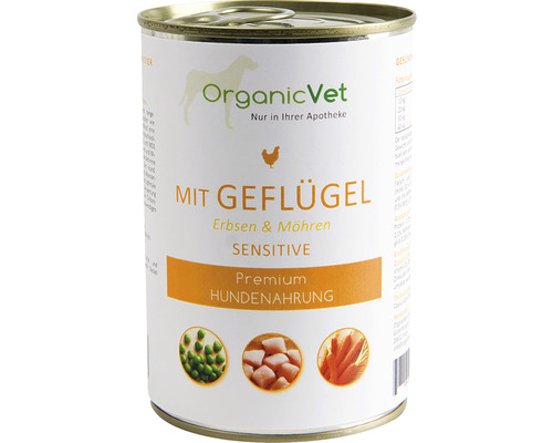 Hrană umedă pentru câini OrganicVet Sensitive cu pasăre, mazăre și morcovi 400 g