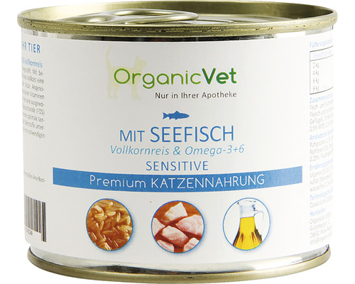 Hrană umedă pentru pisici OrganicVet Sensitive cu pește și orez 200 g