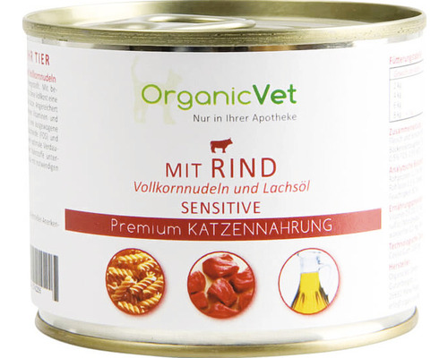 Hrană umedă pentru pisici OrganicVet Sensitive cu vită, paste și ulei de somon 200 g