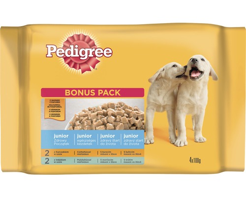 Hrană umedă pentru câini Pedigree Junior cu pui și vită 4x100 g
