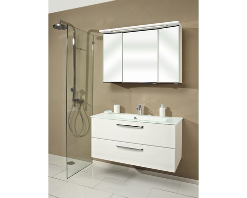 Set mobilier baie pelipal Kumba 107, incl. bază lavoar, lavoar sticlă, dulap cu oglindă 3D și iluminare LED, alb lucios-0