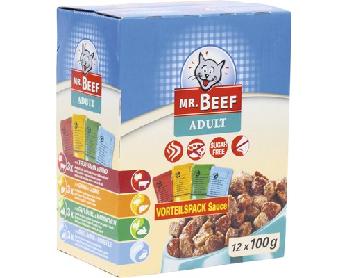 Hrană umedă pentru pisici MR. BEEF Adult cu pasăre și iepure/curcan și vită/gâscă și ficat/somon și păstrăv în sos 12x100 g-0