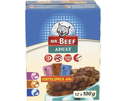 Hrană umedă pentru pisici MR. BEEF Adult cu vită și iepure/pui și curcan/somon și păstrăv în aspic 12x100 g-0