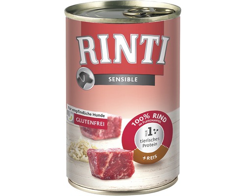 Hrană umedă pentru câini Rinti Sensible cu vită și orez 400 g